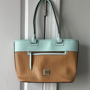 Exceptional Used Condition Vintage Dooney & Bourke Woven Tan and Mint Tote